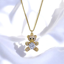 Gold Plated Teddy Bear with Clear Cubic Zirconia Pendant Necklace.