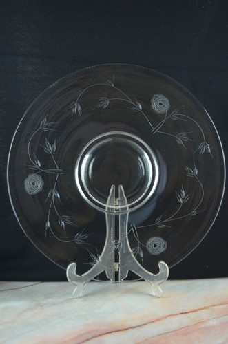 14" Vintage klar Serviertablett m. geätztem Glas Blumenrand/großer runder Teller - Bild 2 von 11