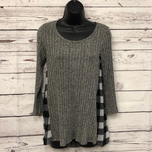 Moa Moa light Gray sweater Black White Buffalo plaid chiffon sides Tunic Size XL - Picture 2 of 5