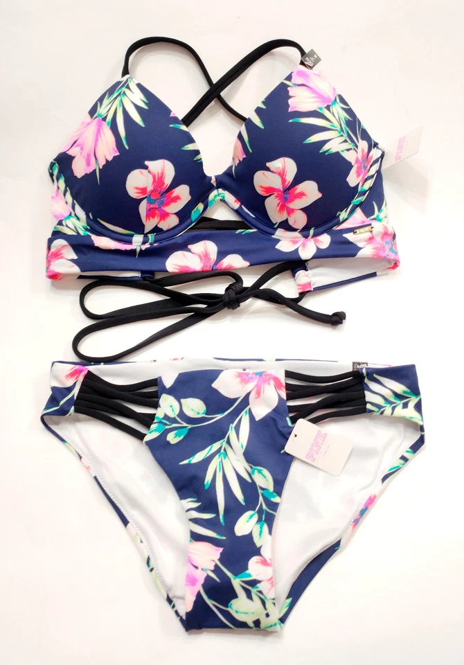 Victoria's Secret swim set PINK Push-Up Cross-Back Scoop Lace Bikini Navy Floral - Image 4 of 4