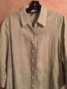 Lafayette-148-New-York-long-Blouse-size-8-green-white-100-linen-2-front-pockets