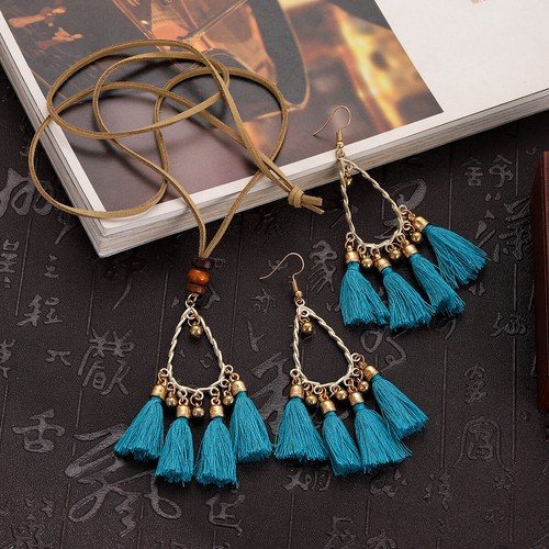 3 Pcs Bohemian Ethnic Long Fringe Tassel Earring Necklace Women Jewelry Set Gift - Picture 25 of 36
