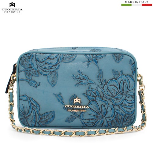 Cuoieria Fiorentina Tuscan Small blue leather crossbody bag purse floral pattern