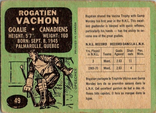 1970-71 O-Pee-Chee #49 Rogatien Vachon ref.397 - Picture 2 of 3