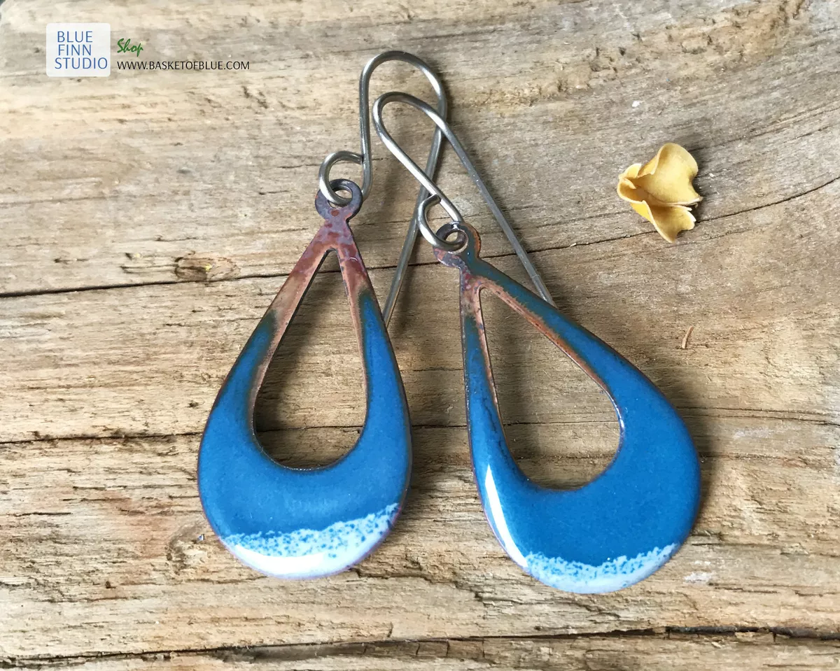 Blue Open Hoop Enamel Earrings Artisan Handmade Copper Enamel