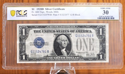 1928 B Silver Certificate Blue Seal -PCGS Graded 30 Very Fine - Sleeved Note - B