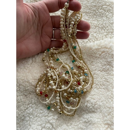 Vintage 7-Strand Pearl and Seed Bead Gold / Cream Multi-Colored Necklace - Picture 5 of 7