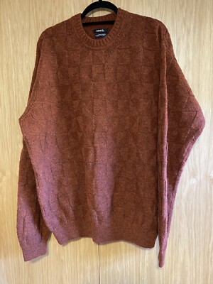 VTG Ashworth Mens Rust Brown Checker Board Woven Lambswool Sweater XL ~