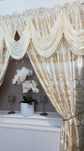 Novelty Grey/Brown/Red/Yellow Curtain Swags & Tails Gold Design with Tie-Backs - Picture 25 of 71