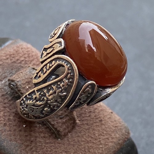 solid 925 Sterling Silver men ring natural yemen aqeeq RED agate عقيق سليماني - Picture 7 of 9