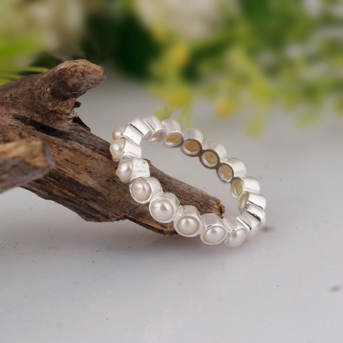 Fresh Water Pearl Eternity Ring 925 Sterling Silver Engagement Band Ring - Picture 5 of 7