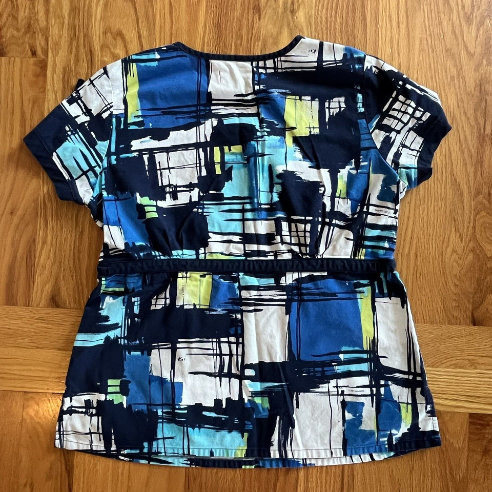 Koi By Kathy Petersn Blue White Abstract Allover Print Mock Wrap Scrub