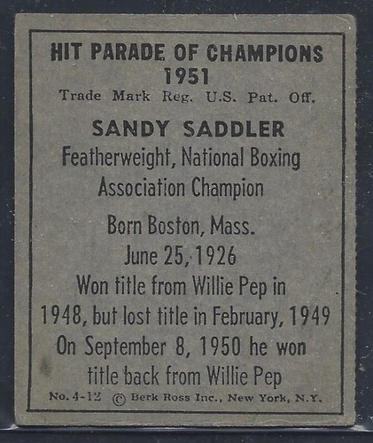 1951 Berk Ross #4-12 Sandy Saddler Flyweight Champion vg/ex - Picture 2 of 2