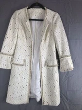 Peacebird Blazer Coat Cream Tweed Lined Pearl Beaded-Trim Flap Pockets Open
