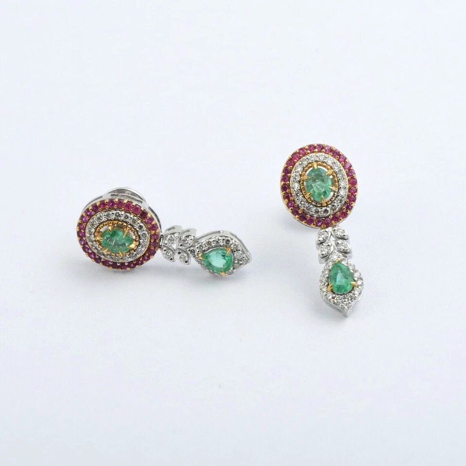 2.50 Ct Emerald & Natural Diamond Drop Earrings 14K Solid Multi-Tone Gold - Image 4 of 4