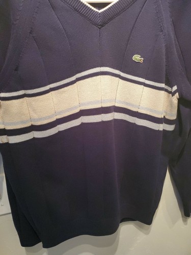 Suéter vintage Izod Lacoste azul marino a rayas crema para hombre 4 M-L Gator de colección preppy - Imagen 5 de 7