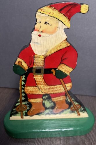 VTG Hand Made Folk Art Textured Santa Claus Skiing Christmas Dummy Board Set/2 - Picture 2 of 7