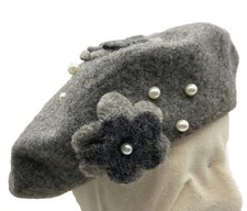 Gelso Bianco MADE IN ITALY GRAY Grey WOOL KNIT BERET Hat With Flowers Pearls OS