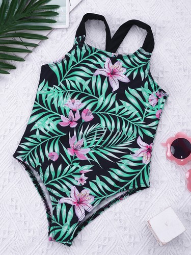 Kids Girls Cartoon Printing Swimsuit Cross Straps Open Back Leotards Bodysuit - Picture 62 of 88