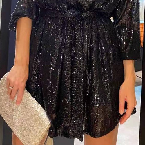 Women's Sequins Lantern Sleeve Evening Party Dress Baggy Mini Dress Ball Gown - Picture 13 of 16