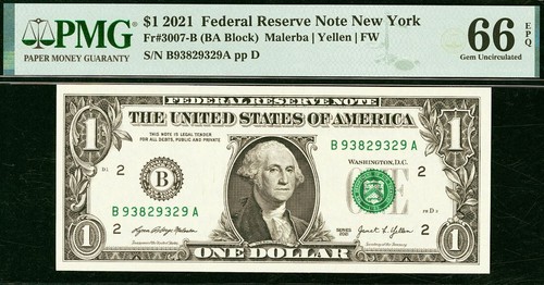 2021 $1 FRN PMG 66EPQ - Gem Uncirculated New York - Fancy Serial Number 93829329 - Picture 2 of 3