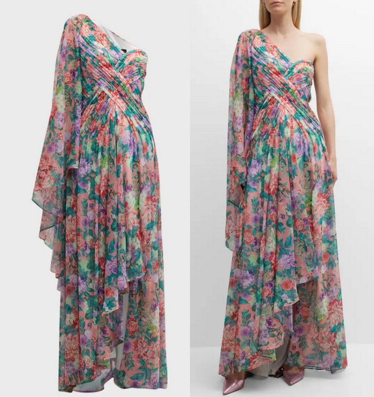 Tadashi Shoji One-Shoulder Cape-Sleeve Floral-Print High-Low