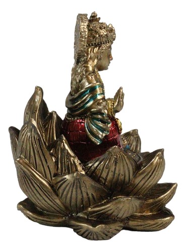 Hindu Goddess Of Fortune Lakshmi Meditating On Padma Lotus Flower Mini Figurine - Foto 5 di 9