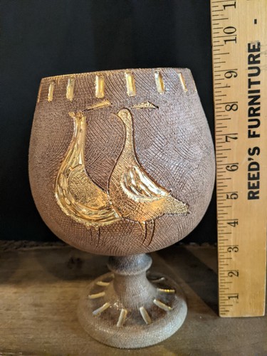 60's Fratelli Fanciullacci MCM Chalice Art Italy Pottery Metallic Gold Bird 9" - Picture 8 of 12
