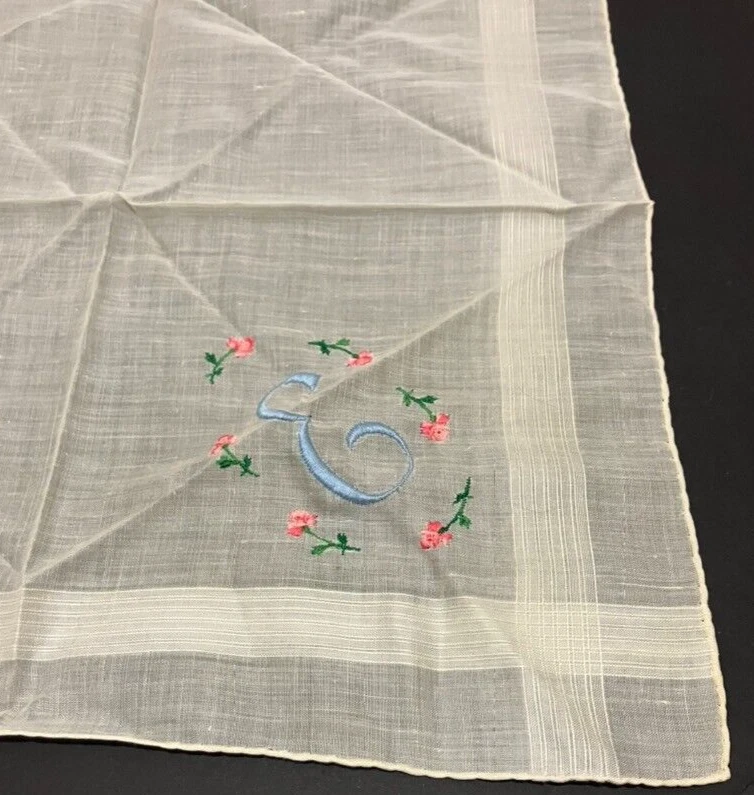 Lenço bordado vintage monograma E branco floral Petit Desco 14 pol - Imagem 2 de 4