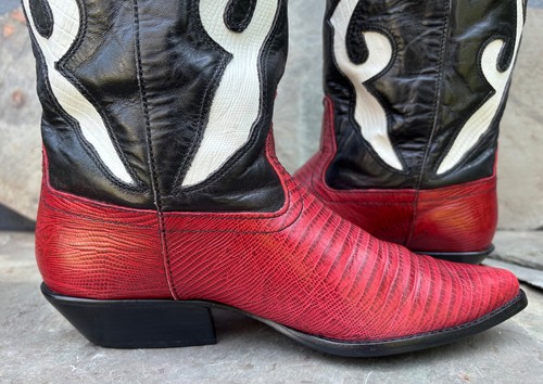 Vintage Nine West (7.5-M) ROMNEE Red Black Leather Cowboy Boots Western Pull On - Picture 8 of 16