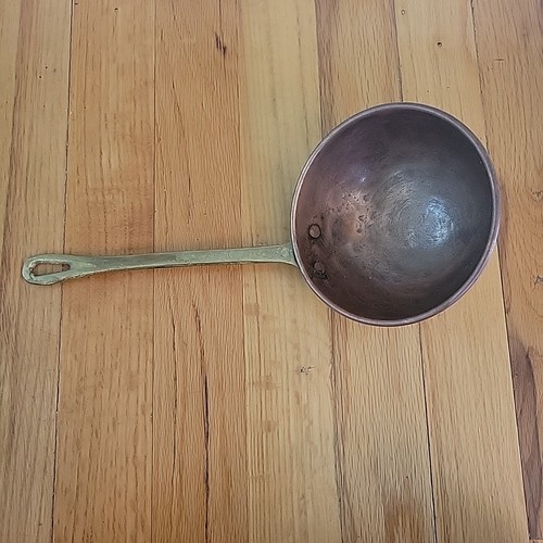 Vintage Copper Round Bottom Brass Handle Small Frying Saute Wok Pan Ladle