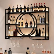 Large Wall Mounted Wine Rack LED 3-Tier Metal Wine Glass Holder Black