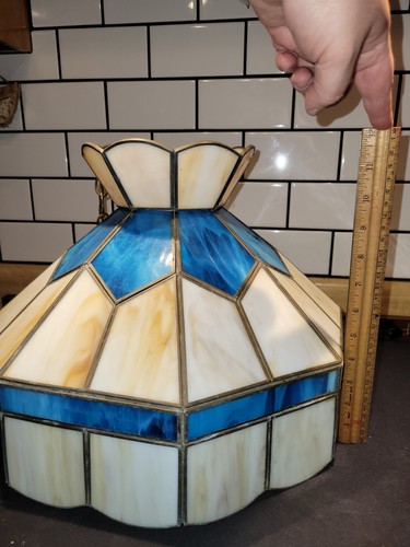 LEADED MULTI COLOR BLUE SLAG STAINED GLASS CHANDELIER 15" - Picture 2 of 13