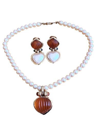 Ultima Edizione Vintage Pearl And Faux Carnelian Necklace & Earring Set - Picture 2 of 7