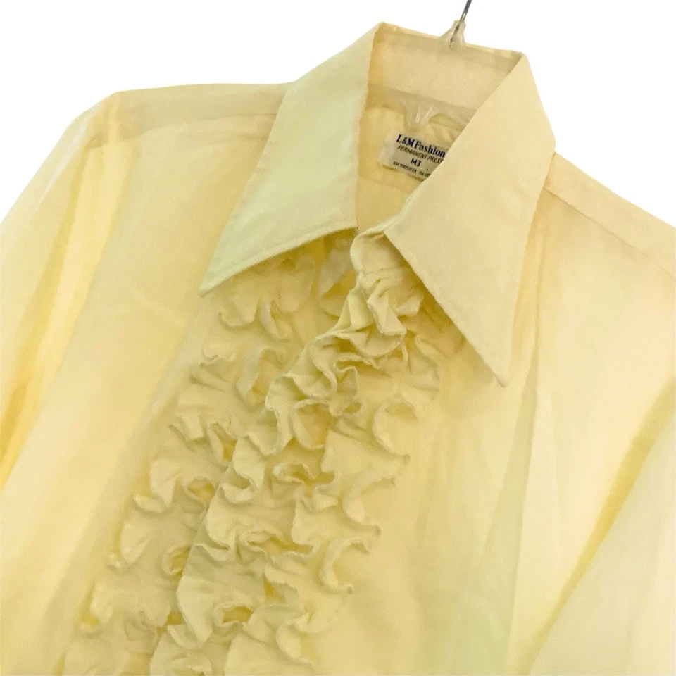 Camisa Esmoquin Vintage Para Hombre Años 70 Con Volantes Medio Amarillo Cuello Daggar Moda L y M Foto 2 de 4