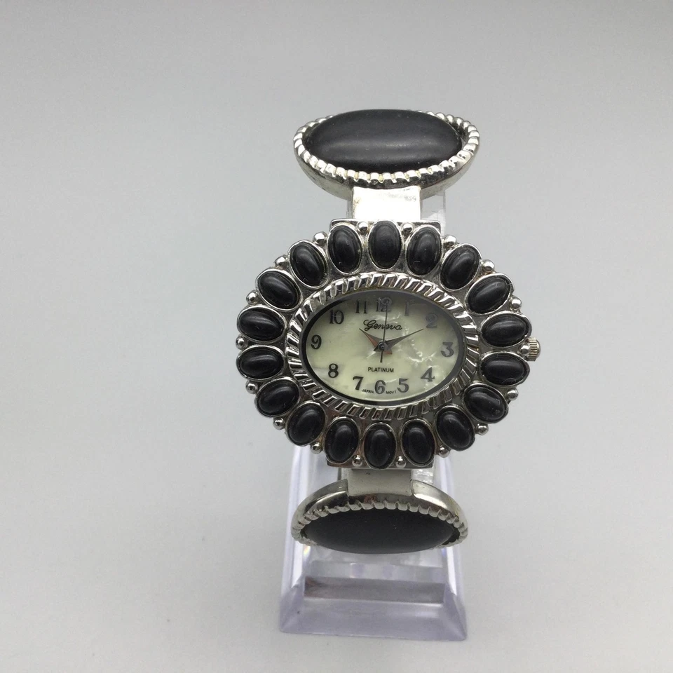 Geneva Platinum Cuff Bracelet Watch Womens Black Cabochon MOP New Battery - Image 2 of 4