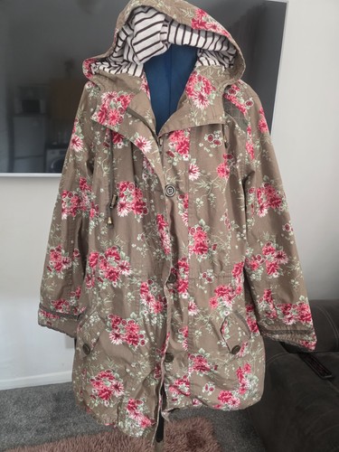 Joe Browns Baumwolle Beige Rosa Blumen Parka Mantel Jacke. UK Damen Gr. 16