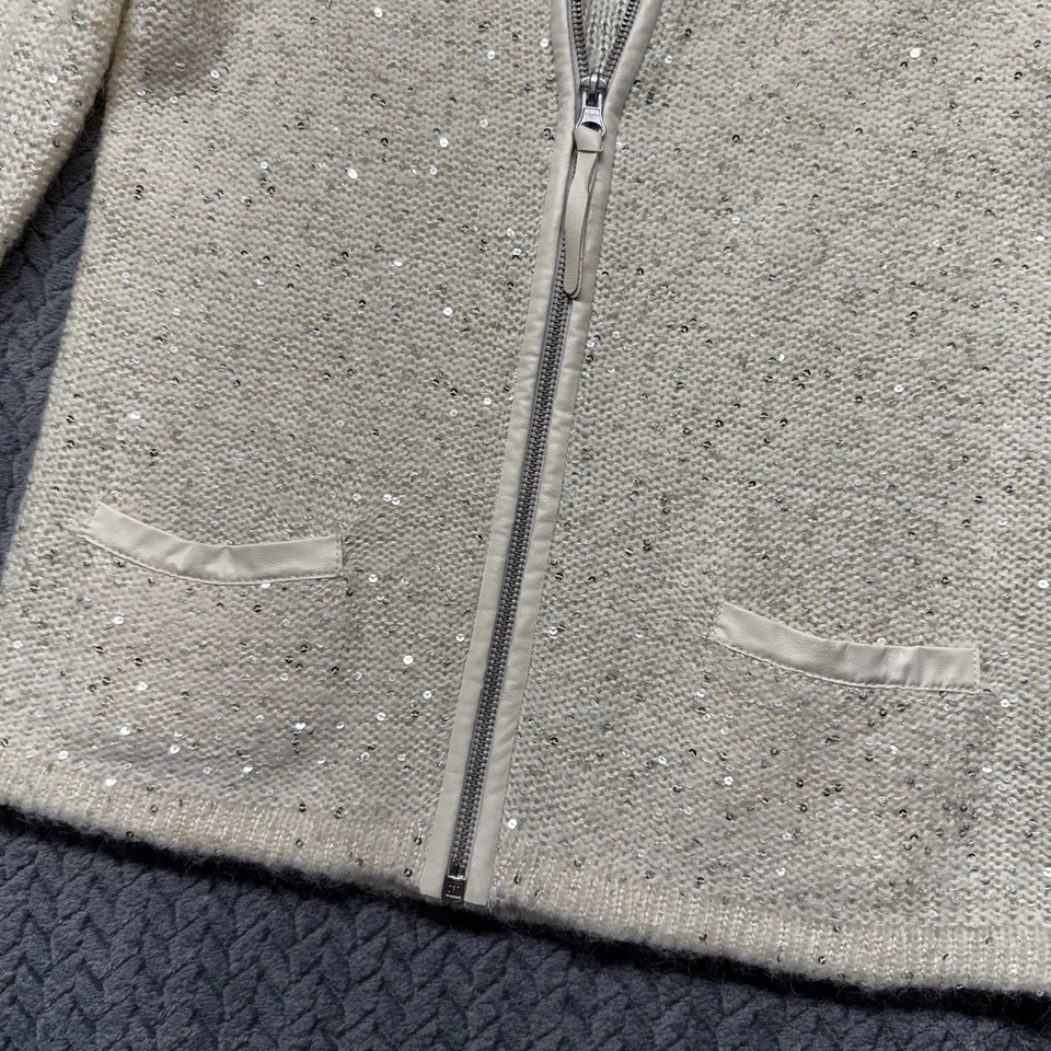 Cardigã Chelsea & Violet XS lantejoulas malha zíper mistura de lã marfim festa cintilante - Imagem 3 de 4