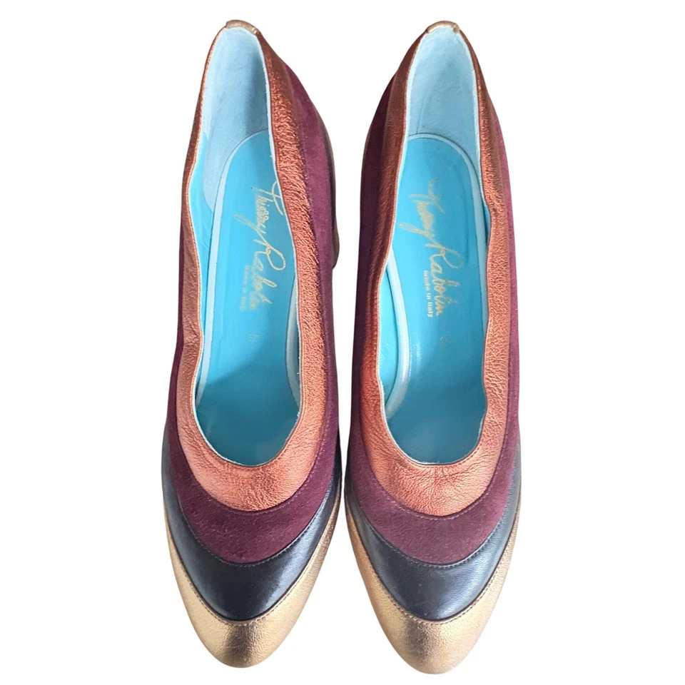 $500 THIERRY RABOTIN Michi Colorblock ретро блочные каблуки кожа металл EU37/US6.5 - Изображение 3 из 4