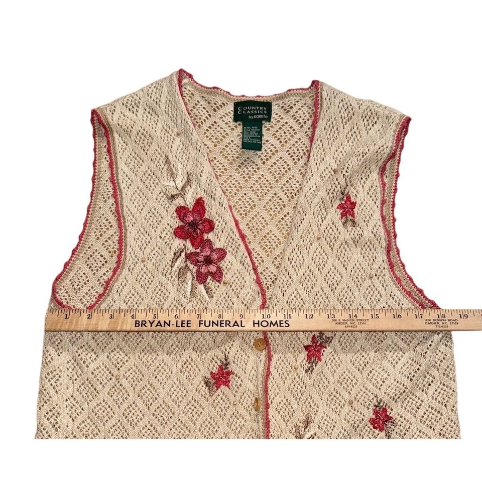 Vintage Country Classics Floral Embroidered Crocheted Vest L Beige grandmacore Foto 4 de 4