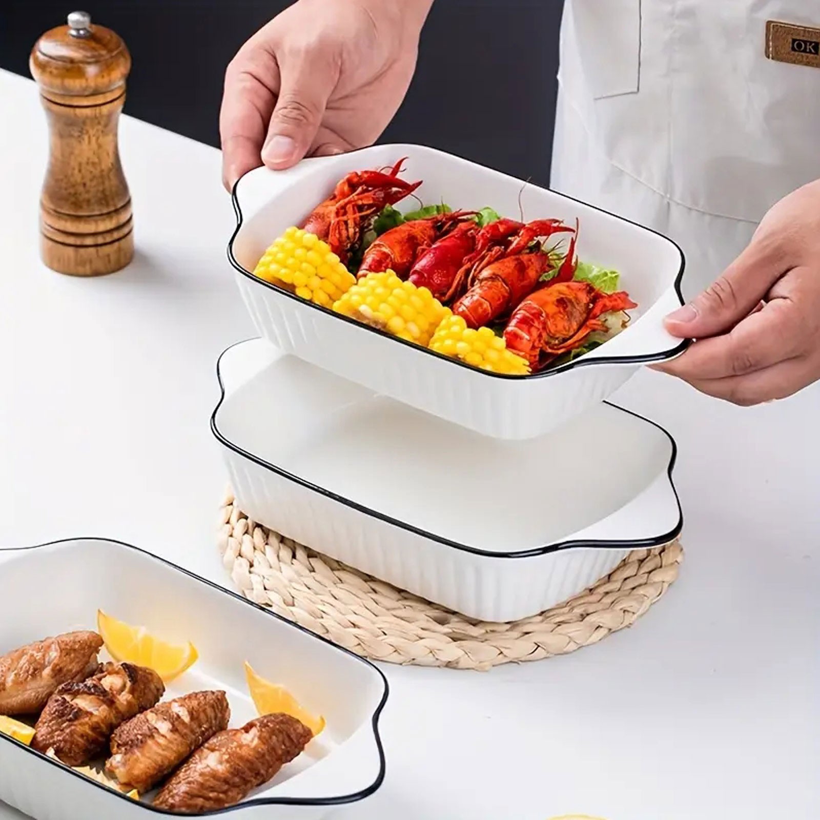 Double-Handled Rectangular White Ceramic Dinnerware Set Black Line Outlining