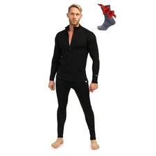  Men’s Merino Wool Base Layer Set – Zip-Up Heavyweight, Large 320 Black Zip-up