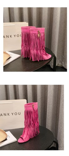 Retro Estilo Romano Boho Borla Media Pantorrilla Botas Sandalias Punta abierta Tacón de cuña Alto Talla - Imagen 16 de 27