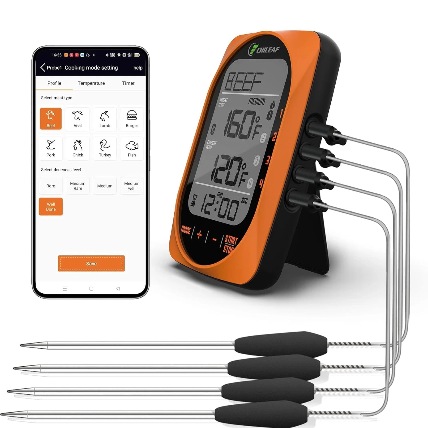 Bluetooth Meat Thermometer Smart Kitchen Thermometers W/ Timer Mode Temper Mode