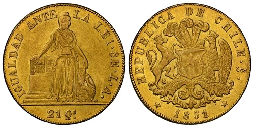 CHILE. 1851 LA AV 8 Escudos. NGC MS61. Edge: ABRIL. Fr.-41. Finest known at NGC