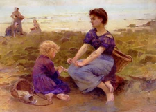 Oil painting heetar caffiero - which hand young mother with child girl by beach