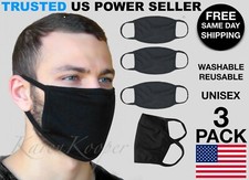 3 Pcs Black Face Mask Cotton Cloth Cover Breathable Washable Reusable Unisex