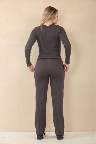 Damen Frauen geripptes Molly durchgeknöpftes Oberteil und Hose mit weitem Bein Co-ord Set - Bild 14 von 33