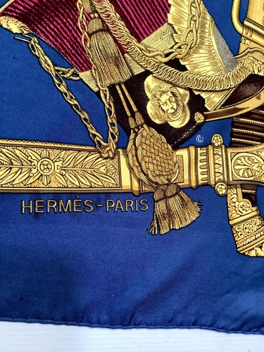 HERMES PARIS GRAND UNIFORME Blue By Joachim Metz Scarf Silk 35" SQR EX COND - Picture 3 of 17