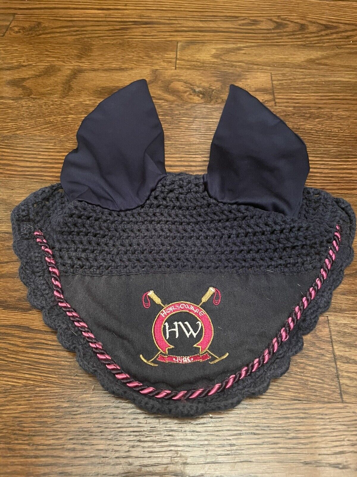 Horsewear Ear Net/Fly Veil/Bonnet, Navy Blue With Pink Trim, Pon